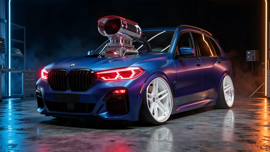 Slammed Marina Bay Blue BMW X5 G05 40i with red DRLs and a supercharged blower through the bonnet, on white TE37s in Xavier's dark workshop