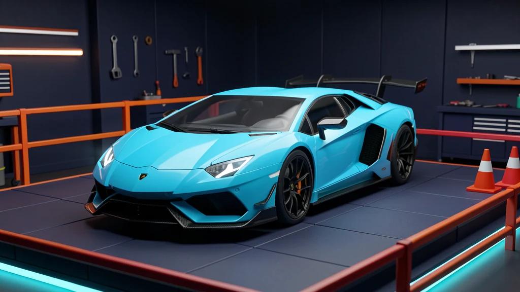 Miami Blue Lamborghini Aventador SVJ in Xavier's dark block-built workshop