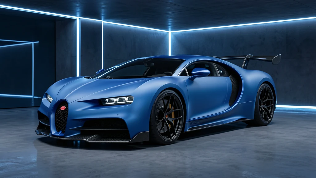 Matte Portimao Blue Bugatti Chiron Pur Sport concept with fixed rear wing